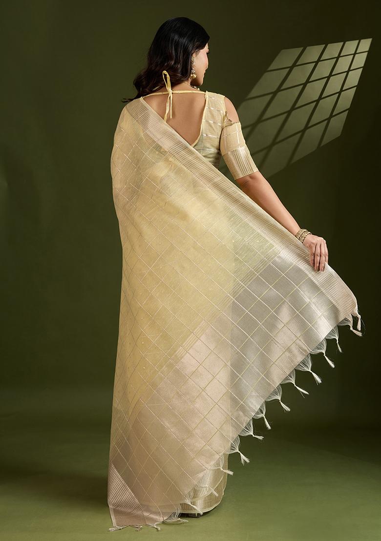 Yellow Woven Blended Cotton Saree Set - Indya