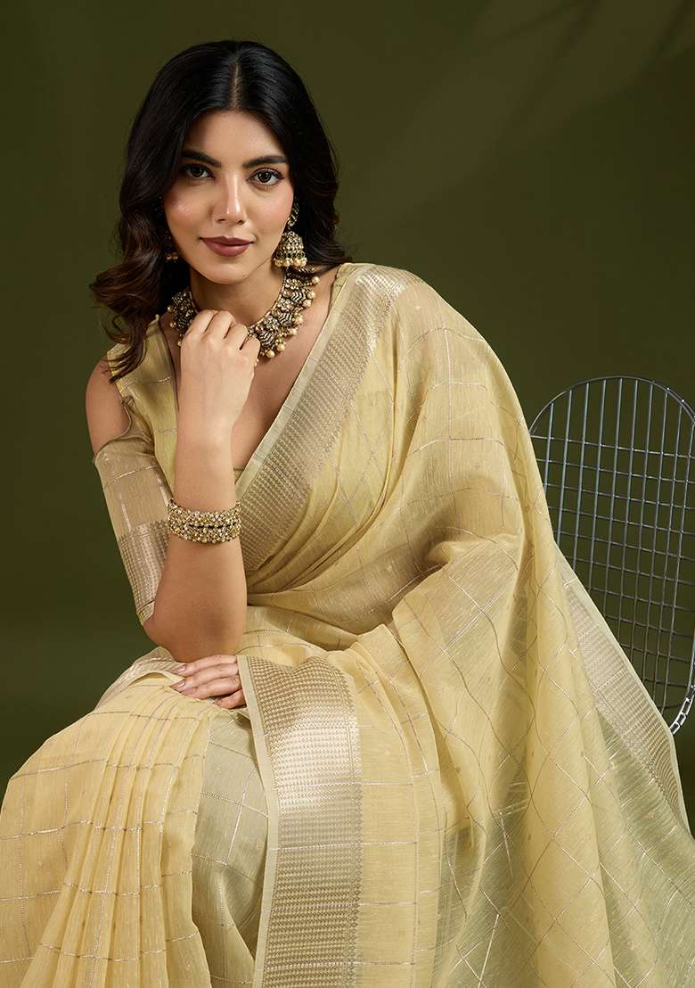 Yellow Woven Blended Cotton Saree Set for Diwali | Wedding & Festive Wear - Indya