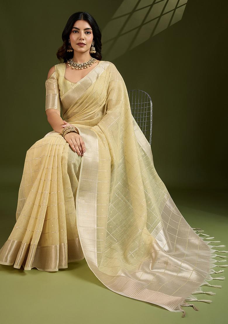 Yellow Woven Blended Cotton Saree Set - Indya