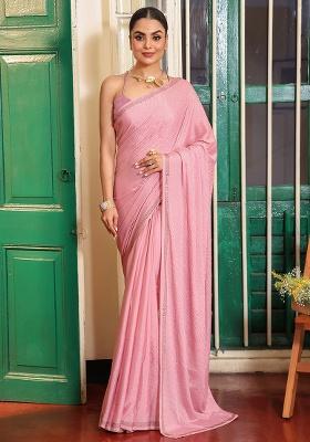 Pink Embroidered Satin Saree Set