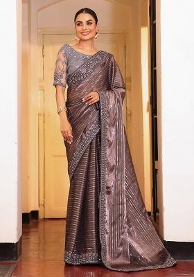 Grey Embroidered Blended Cotton Saree Set