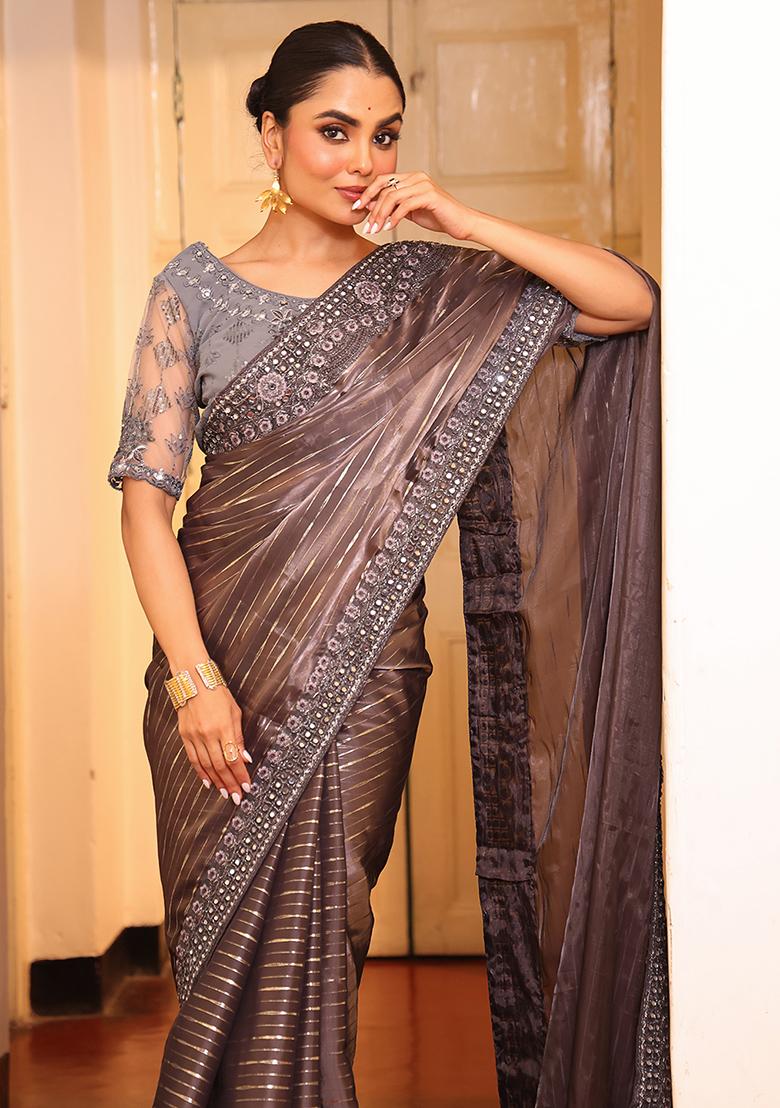 Grey Embroidered Blended Cotton Saree Set - Indya