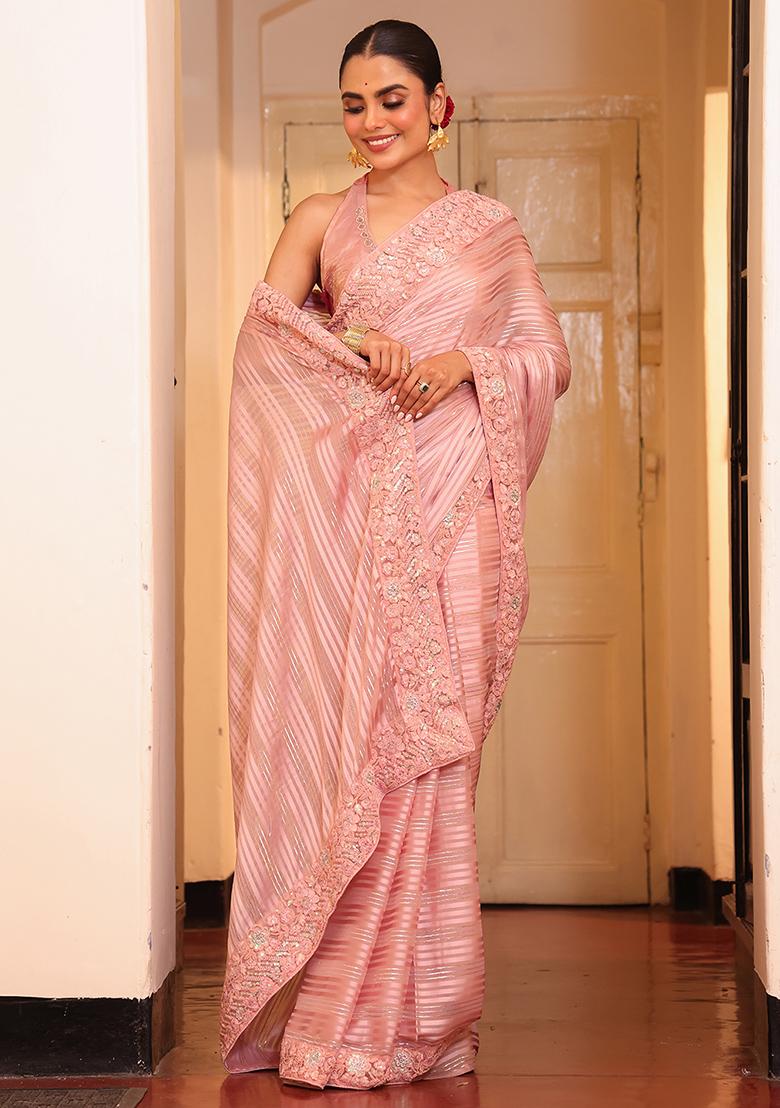 Pink Embroidered Blended Cotton Saree Set - Indya