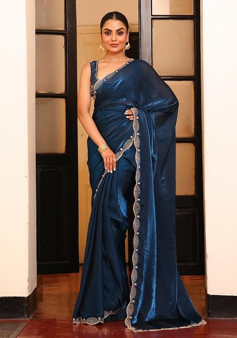 Teal Embroidered Blended Cotton Saree Set