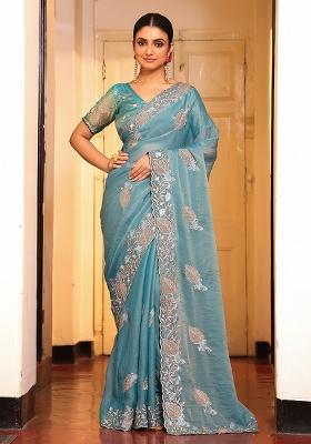 Sky Blue Embroidered Blended Cotton Saree Set