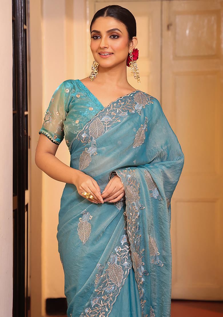 Sky Blue Embroidered Blended Cotton Saree Set - Indya