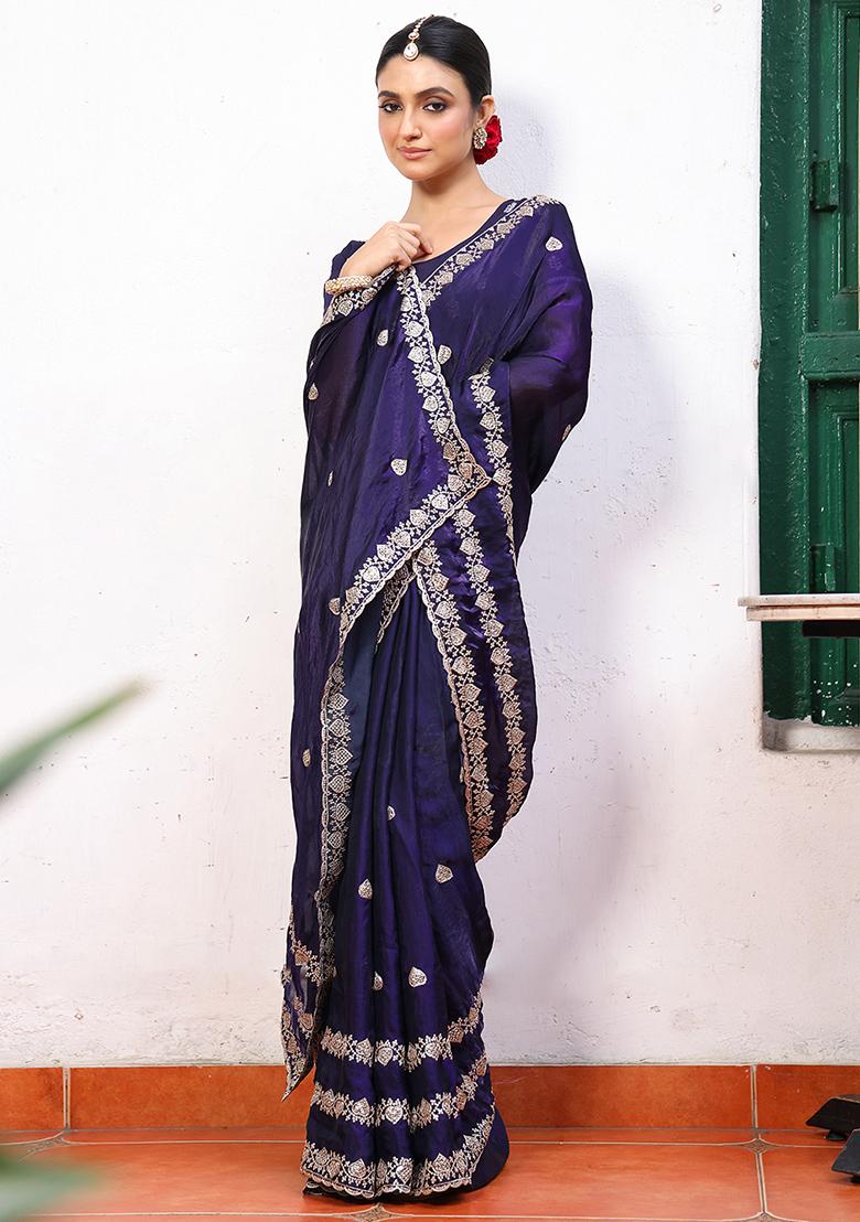 Blue Embroidered Blended Cotton Saree Set - Indya