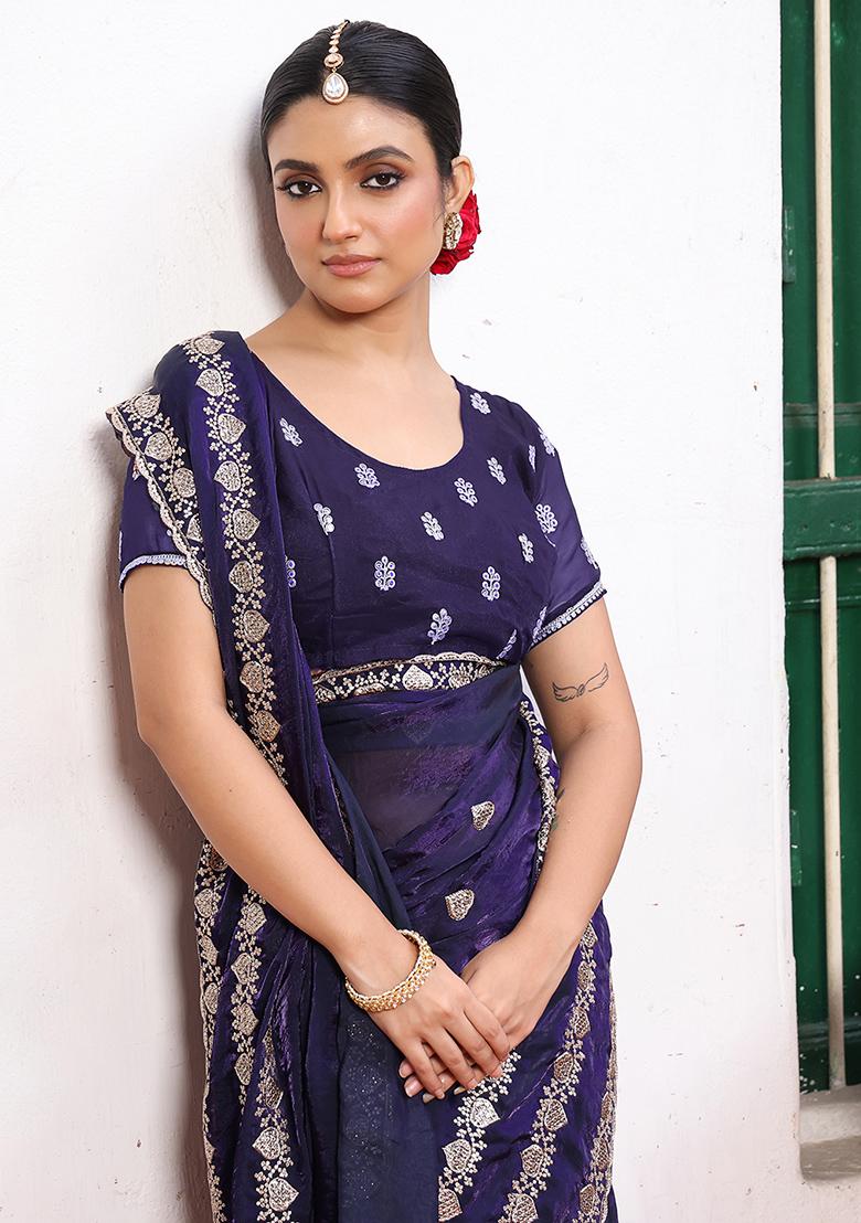 Blue Embroidered Blended Cotton Saree Set - Indya