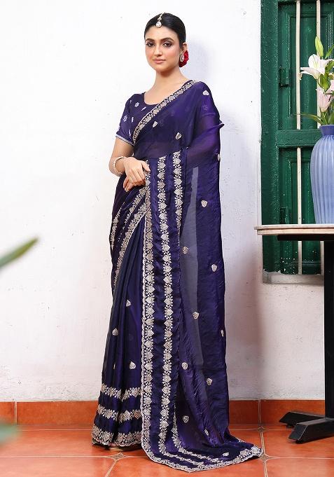 Blue Embroidered Blended Cotton Saree Set