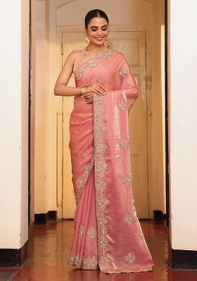 Pink Embroidered Blended Cotton Saree Set
