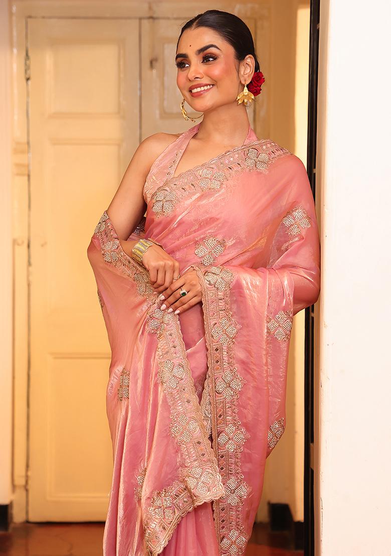 Pink Embroidered Blended Cotton Saree Set - Indya