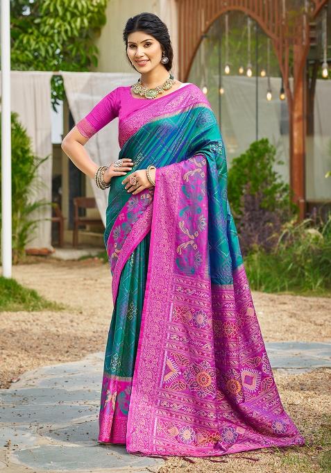 Sea Green Woven Silk Blend Saree Set