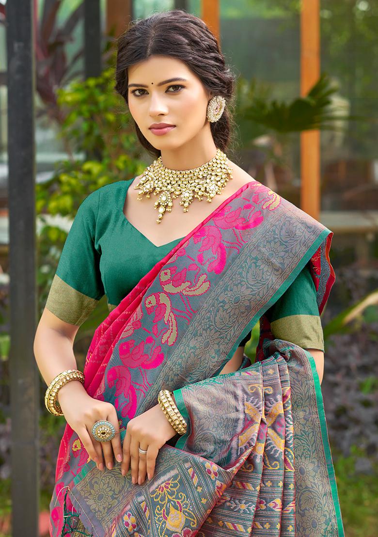 Red Woven Silk Blend Saree Set - Indya