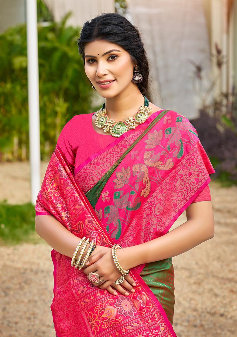 Green Woven Silk Blend Saree Set - Indya