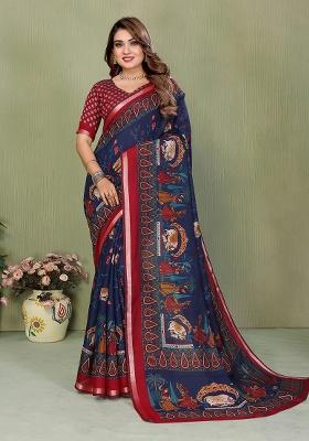 Teal Printed Blended Cotton Saree Set