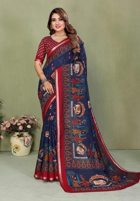 Teal Printed Blended Cotton Saree Set