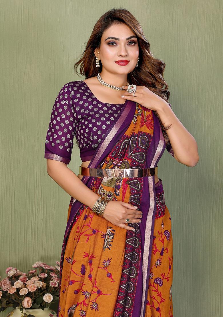 Mustard Printed Blended Cotton Saree Set - Indya