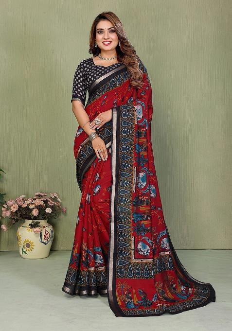 Maroon Printed Blended Cotton Saree Set