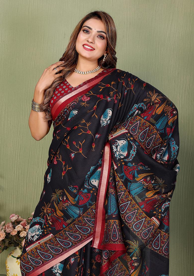 Black Printed Blended Cotton Saree Set - Indya