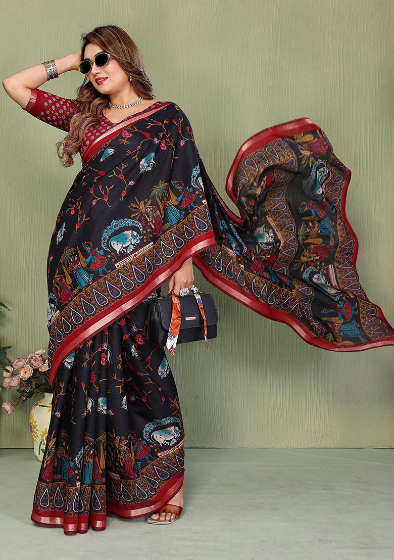 Black Printed Blended Cotton Saree Set - Indya