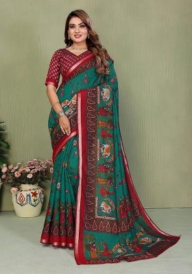 Green Printed Blended Cotton Saree Set