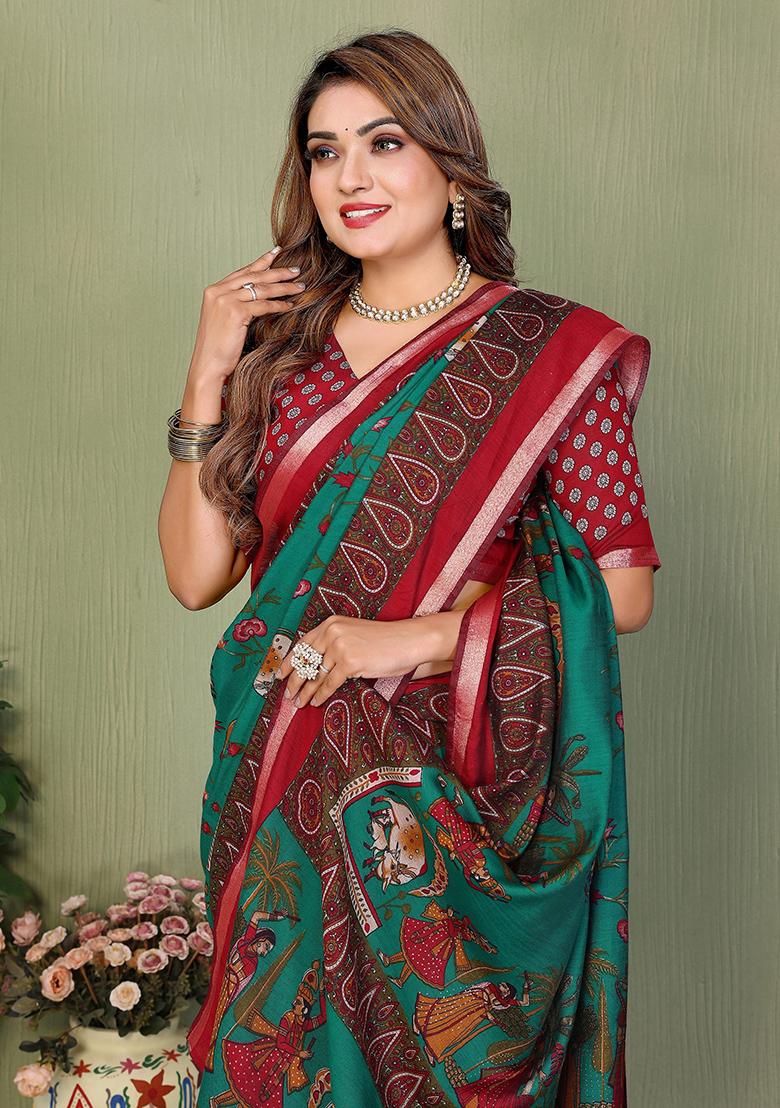 Green Printed Blended Cotton Saree Set - Indya
