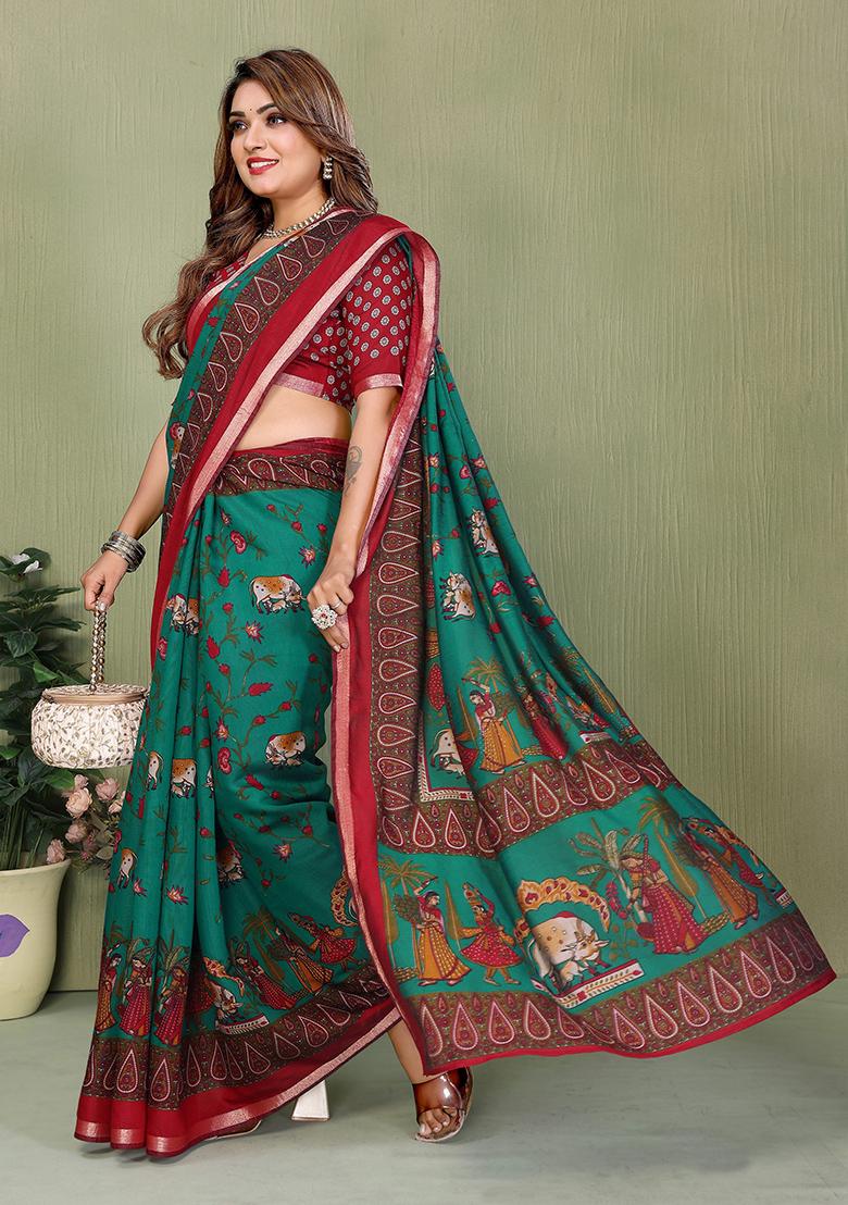 Green Printed Blended Cotton Saree Set - Indya