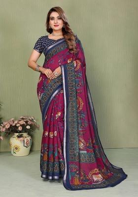 Burgundy Printed Blended Cotton Saree Set