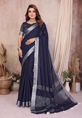 Blue Woven Blended Cotton Saree Set