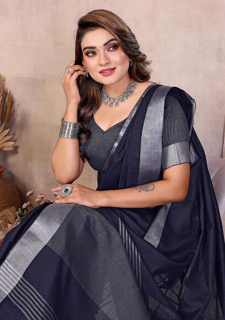 Blue Woven Blended Cotton Saree Set - Indya