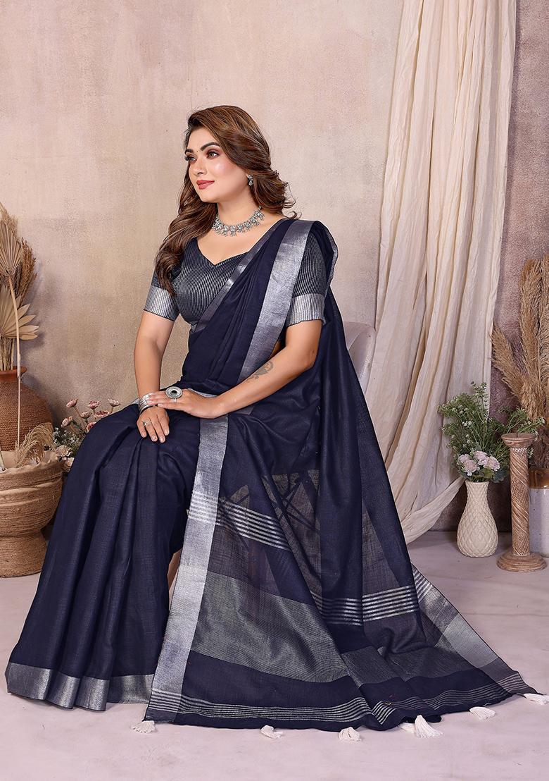 Blue Woven Blended Cotton Saree Set - Indya