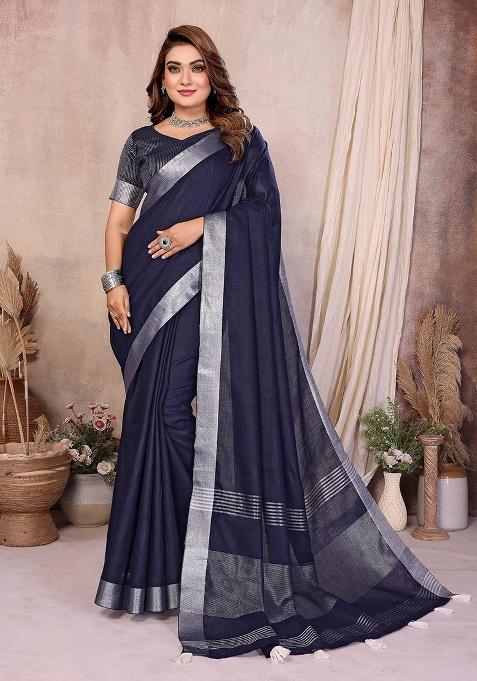 Blue Woven Blended Cotton Saree Set