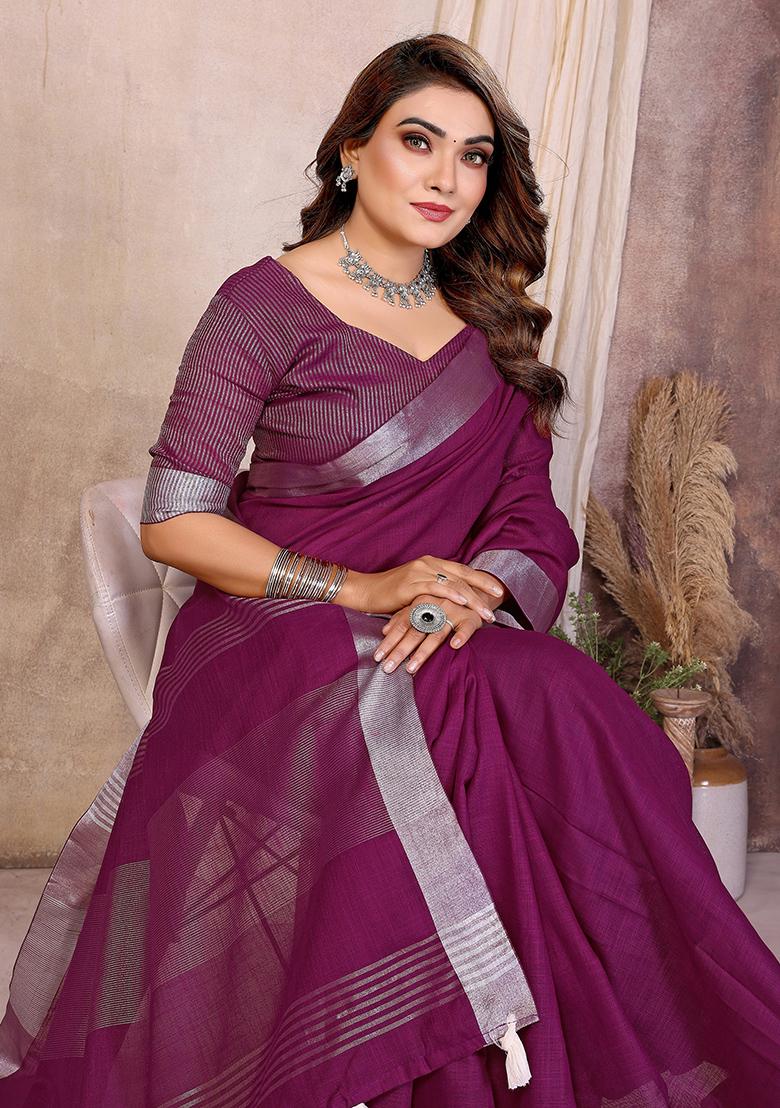 Wine Woven Blended Cotton Saree Set - Indya