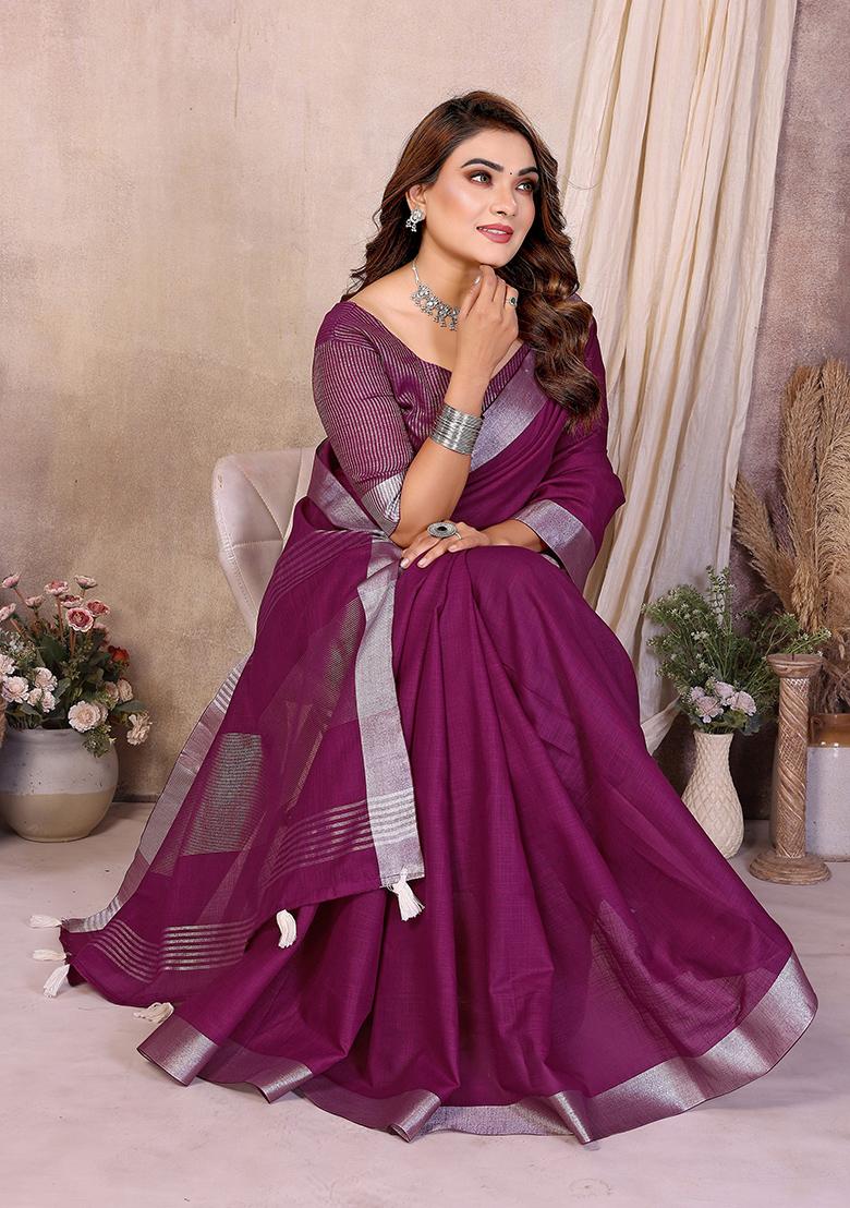 Wine Woven Blended Cotton Saree Set - Indya