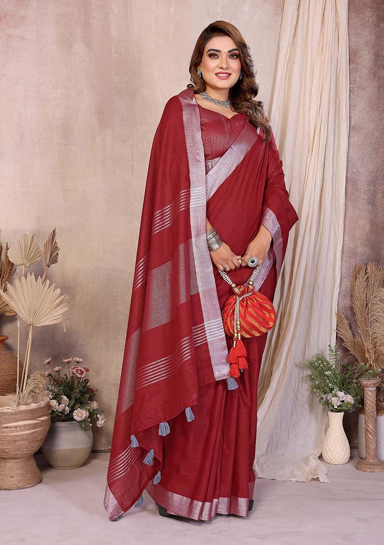 Maroon Woven Blended Cotton Saree Set - Indya
