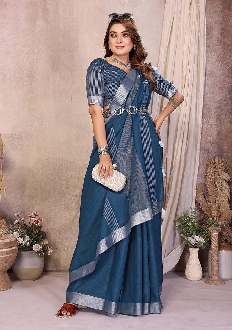 Teal Woven Blended Cotton Saree Set - Indya