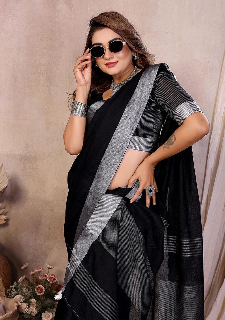 Black Woven Blended Cotton Saree Set - Indya