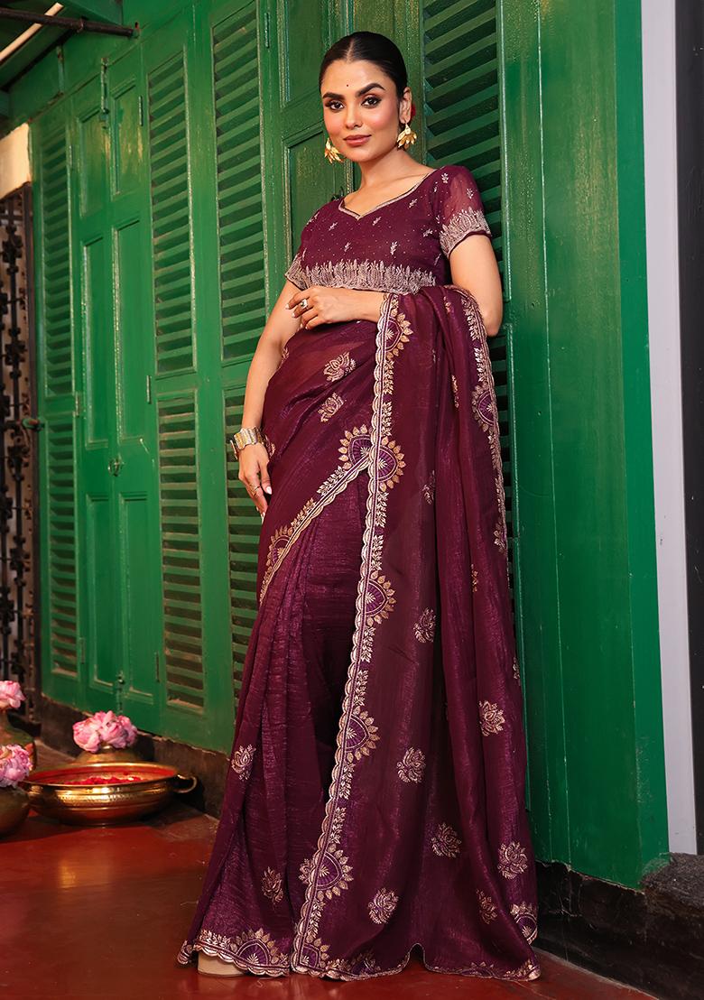 Coffee Embroidered Chiffon Saree Set - Indya