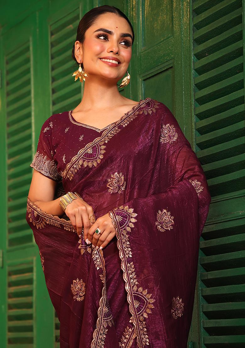 Coffee Embroidered Chiffon Saree Set - Indya