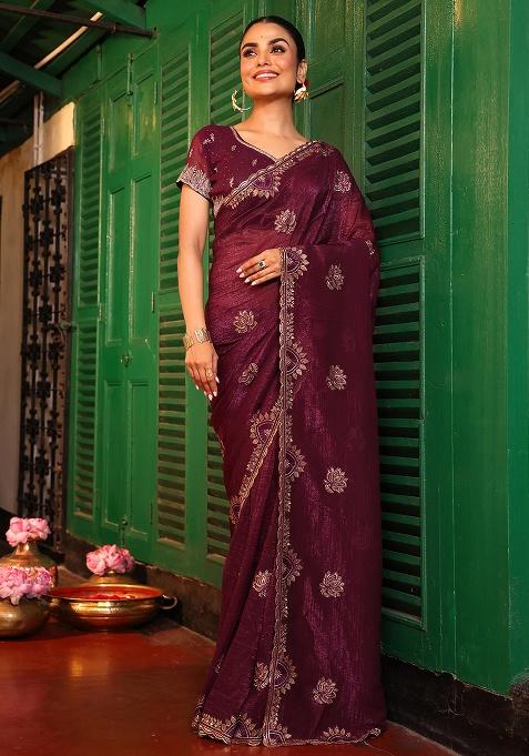 Coffee Embroidered Chiffon Saree Set