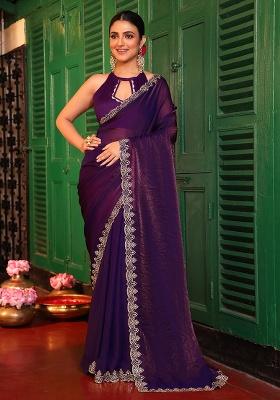 Purple Embroidered Faux Tissue Saree Set
