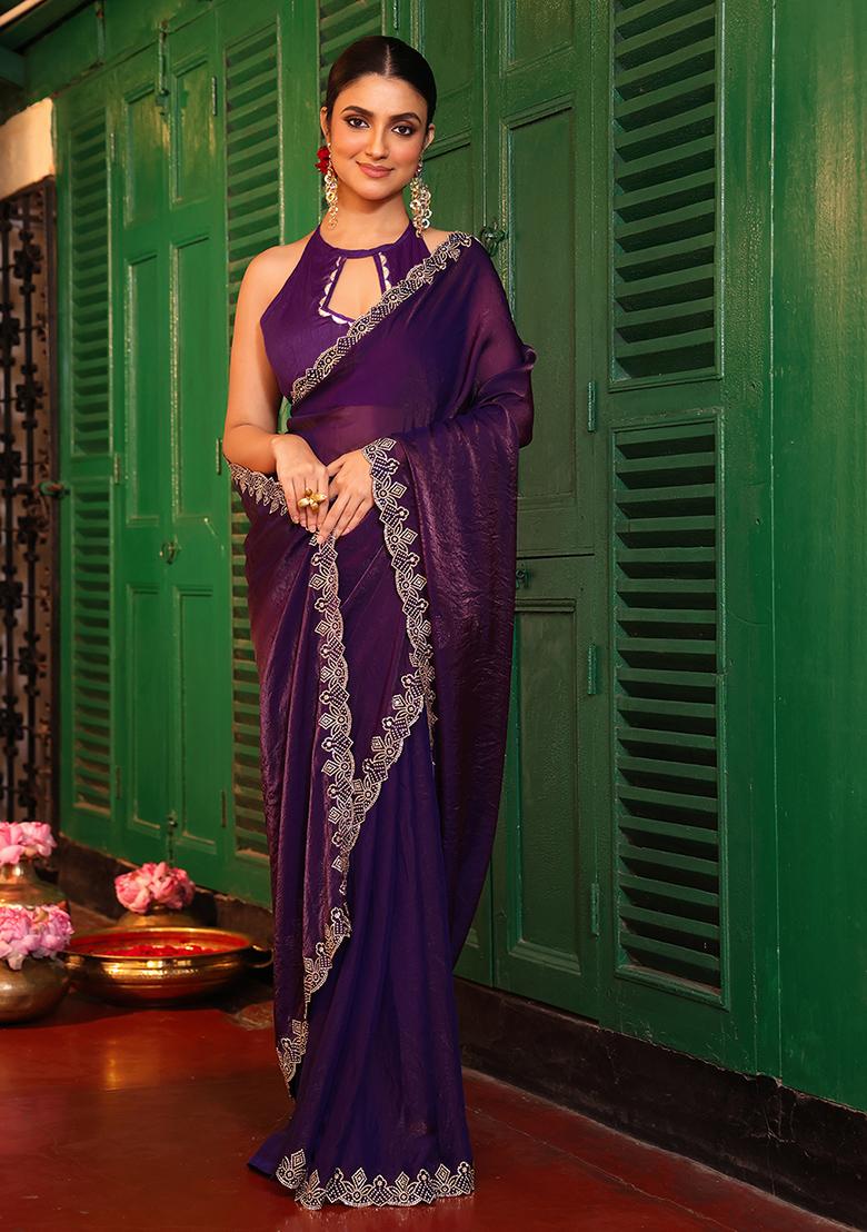 Purple Embroidered Faux Tissue Saree Set - Indya