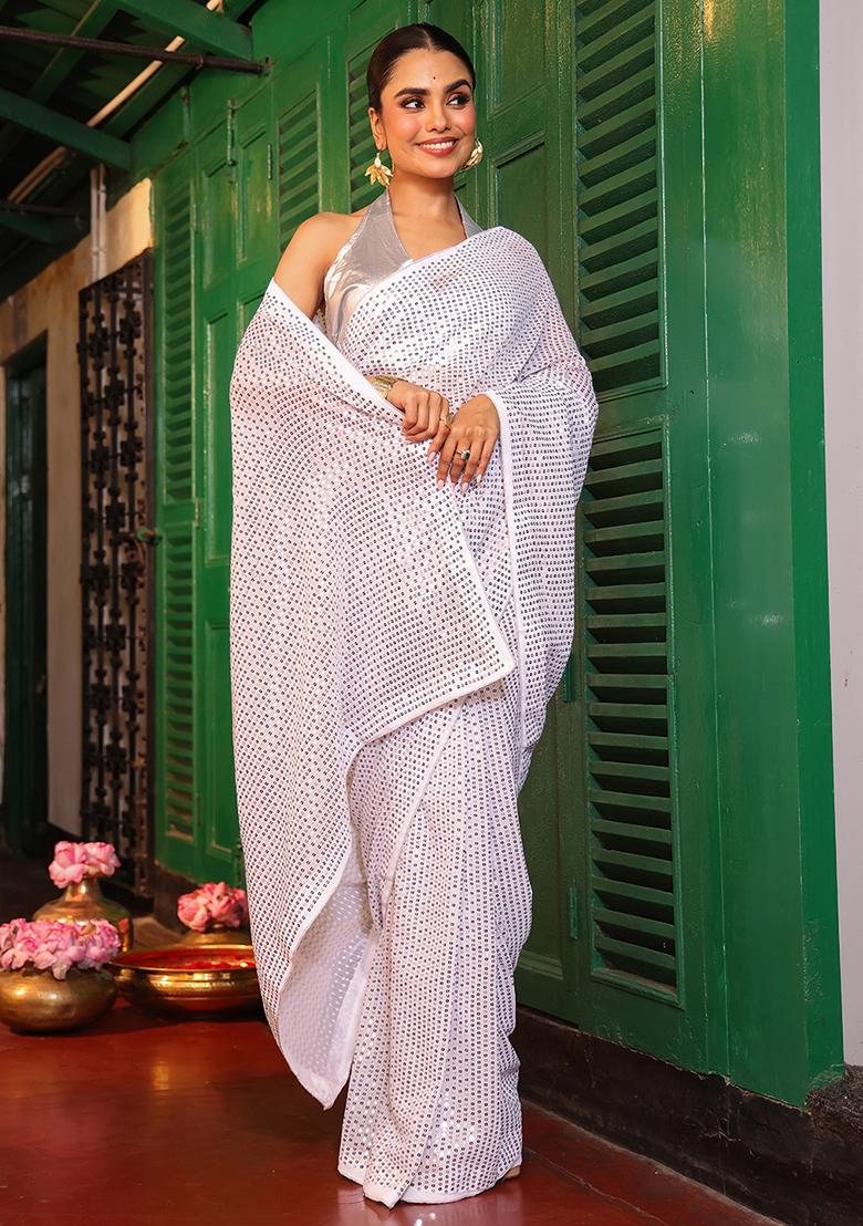 White Embroidered Faux Georgette Saree Set - Indya