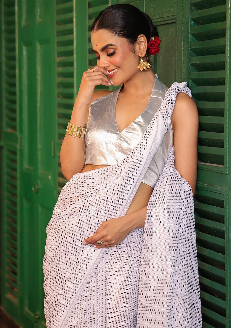 White Embroidered Faux Georgette Saree Set - Indya