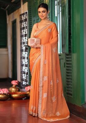 Orange Embroidered Faux Tissue Saree Set