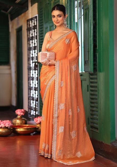 Orange Embroidered Faux Tissue Saree Set