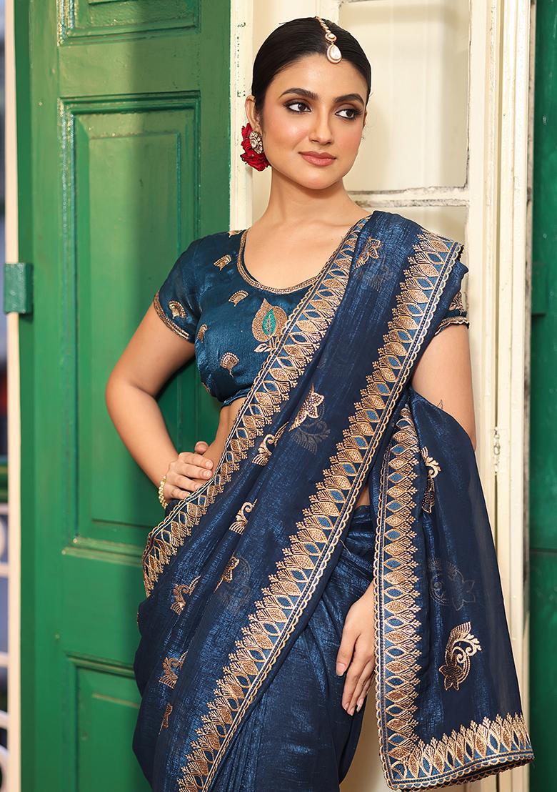 Blue Embroidered Chiffon Saree Set - Indya