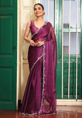 Burgundy Embroidered Organza Saree Set