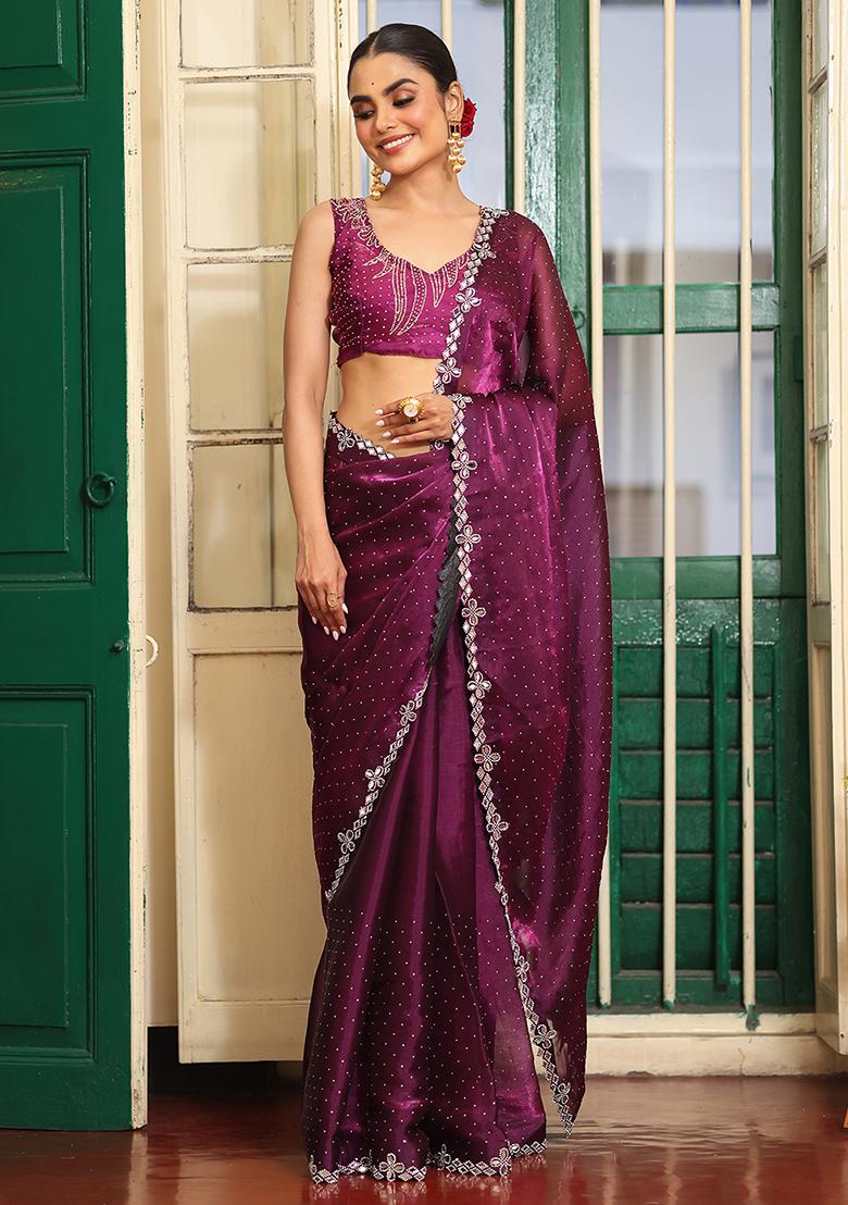Burgundy Embroidered Organza Saree Set - Indya