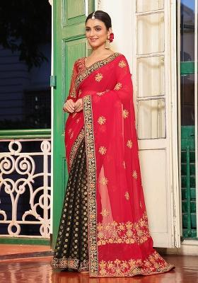 Pink Embroidered Viscose Saree Set